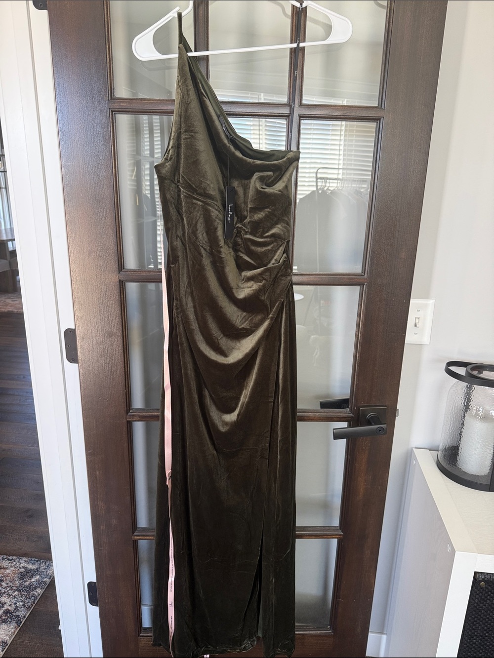 NWT Lulus Elegant Era Olive Green Velvet One-shoulder Maxi Dress - Size S - Picture 3 of 7